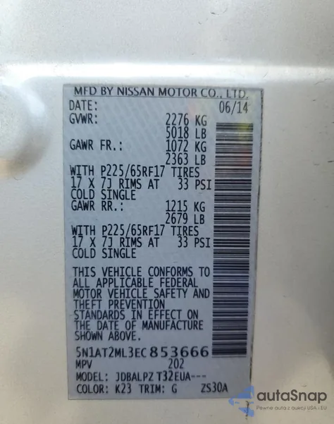 2014 Nissan Rogue S z USA, uszkodzony, nr VIN 5N1AT2ML3EC853666